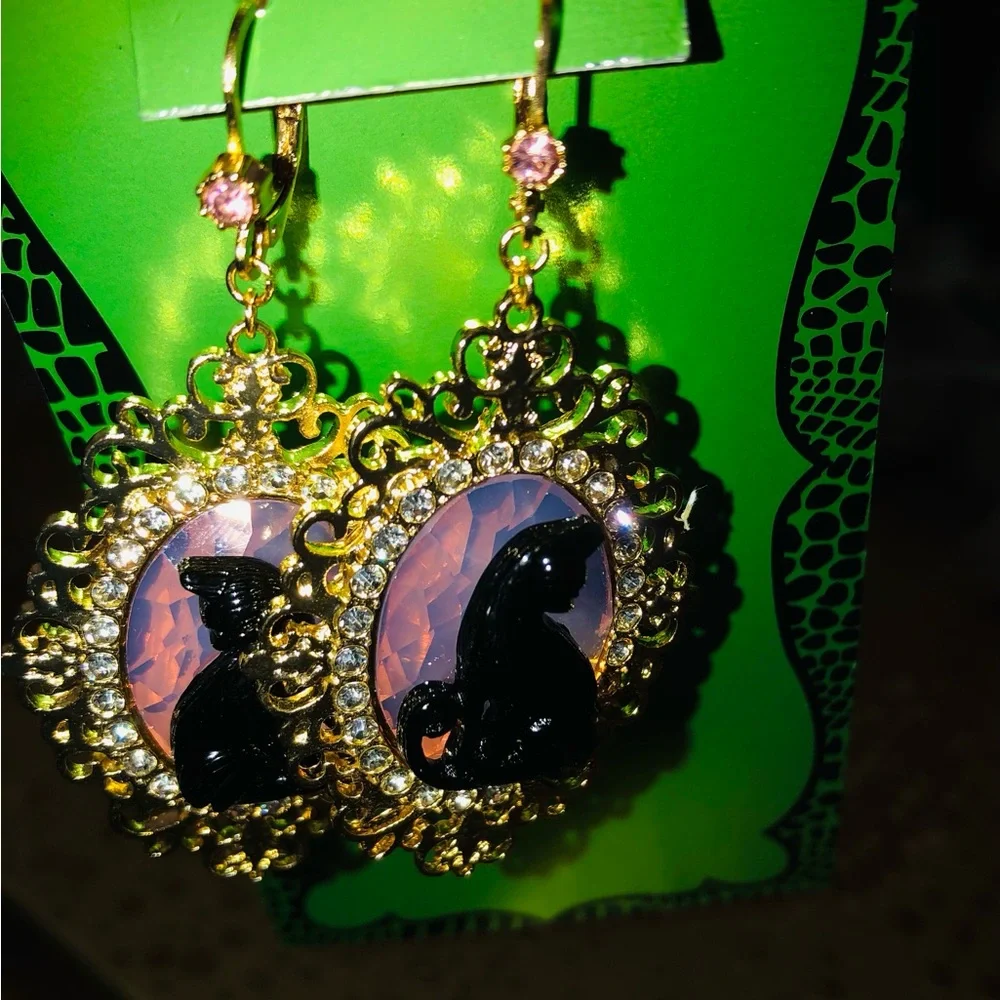 Authentic Betsey Johnson Earrings - Black Cat Gold Filigree Rhinestone Goth NWT